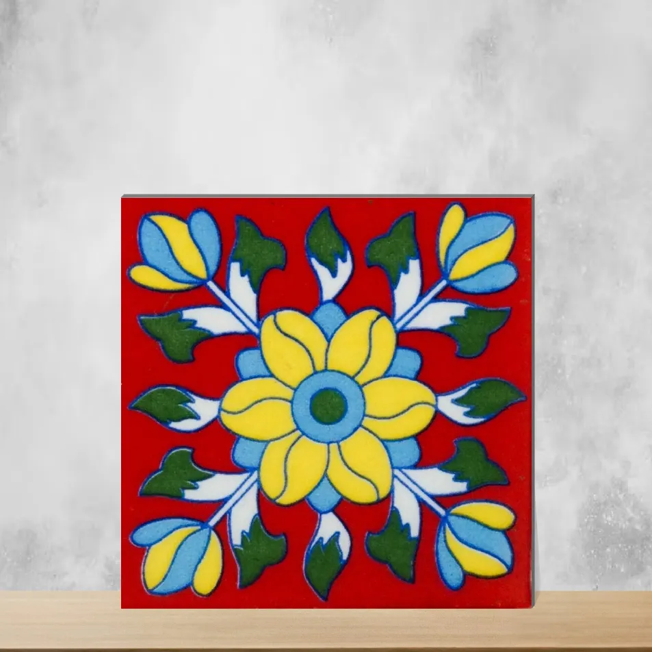 Ceramic Florica Red Gaillardia Glow Handmade Tiles Glossy Square Tiles TL-93-D (4x4 inch | 7 mm)
