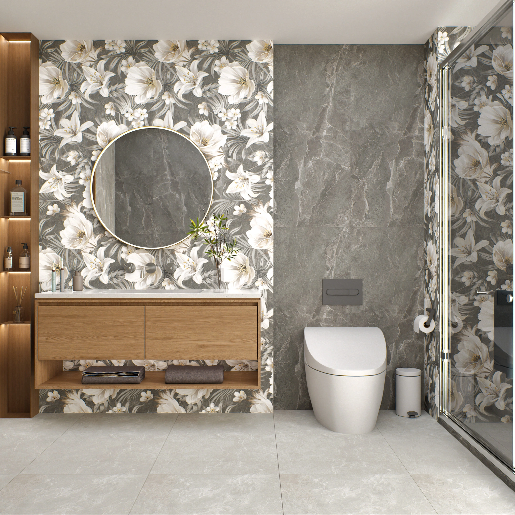 Vitrified Lisburn Grey Decor Tropical Florals Matt Rectangular Tiles TL-3538-C (4x2 feet | 9 mm)