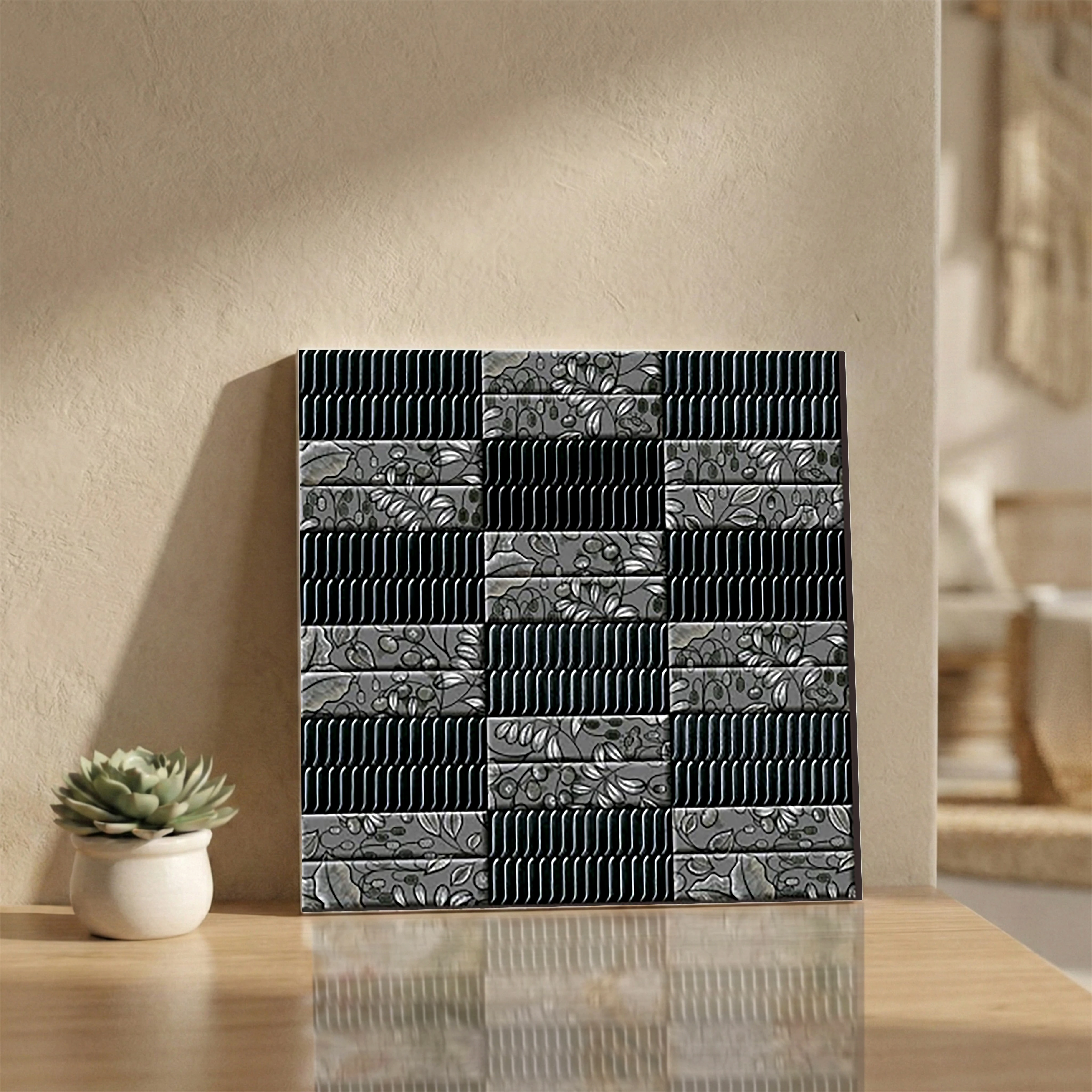 Ripple Black Glue Finish Patterned 1x1 ft 10mm Tile | TL-52713-A