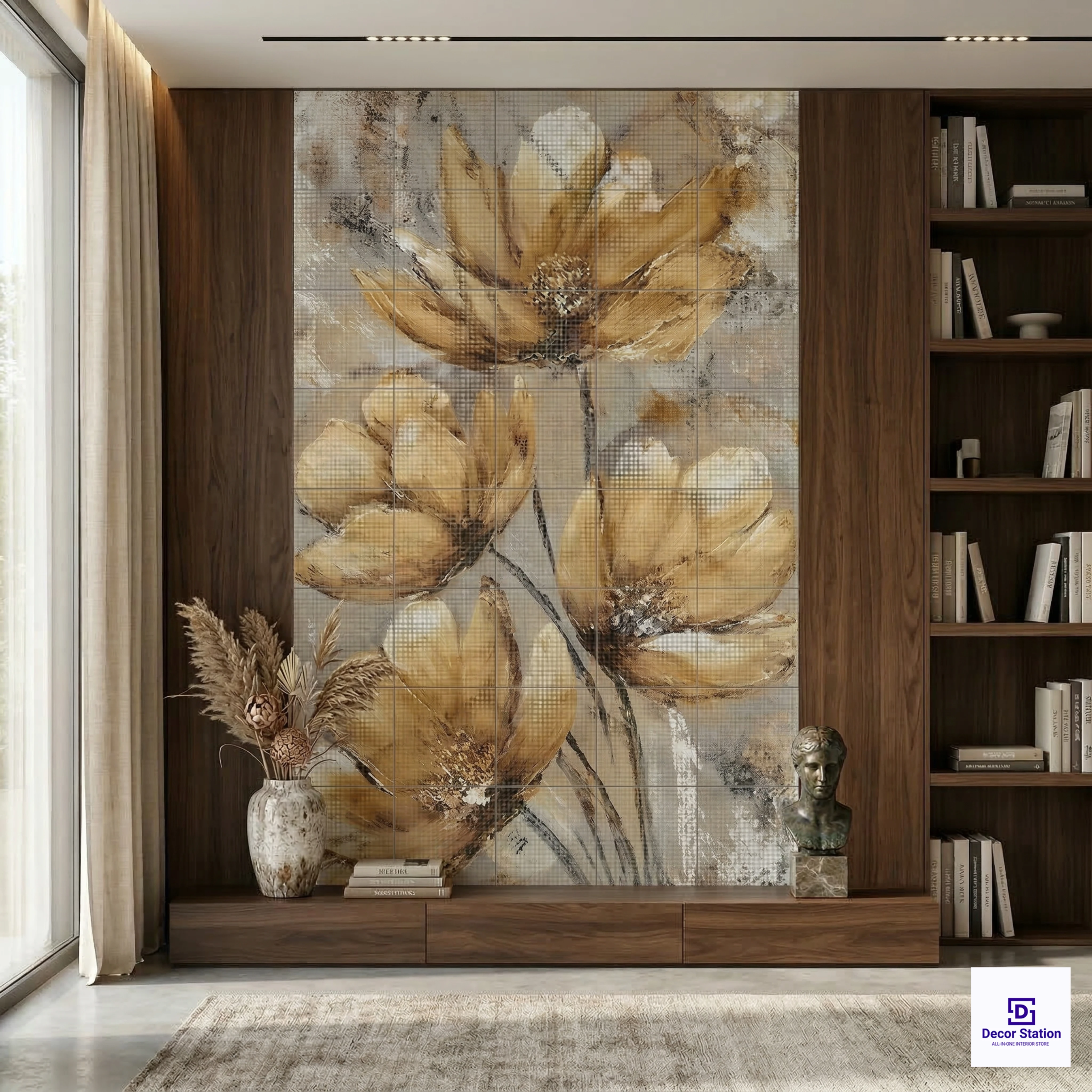PIXEL-912 Golden Tulip Botanical Digital Matt Wall 1x1 ft 9.5mm Tile | TL-53879-F