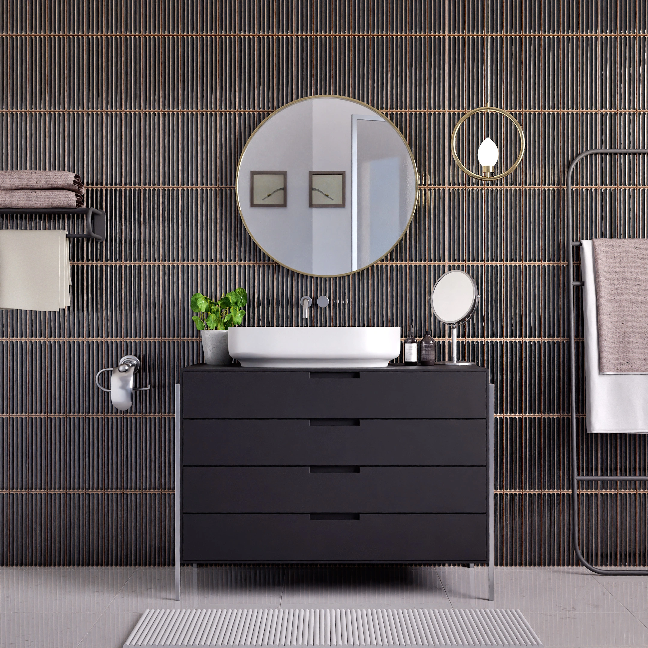 Ceramic Miraq Ripple Stripes Black Glossy Rectangular Tiles TL-687-C (24x12 inch | 8 mm)