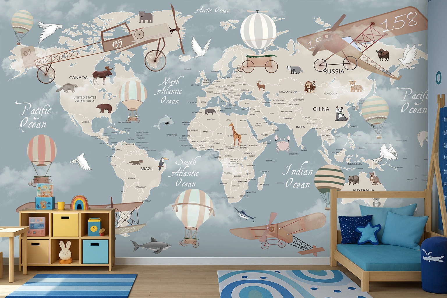 Grey Map Canvas Animals On Journey In The Sky Wallpaper ( inches width) : WP-26342-B