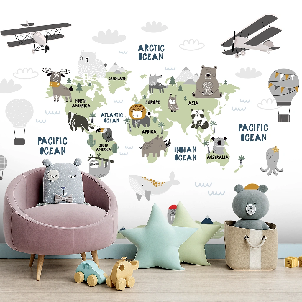 Green Map Canvas World Map With Animals And Planes Wallpaper ( inches width) : WP-26384-B