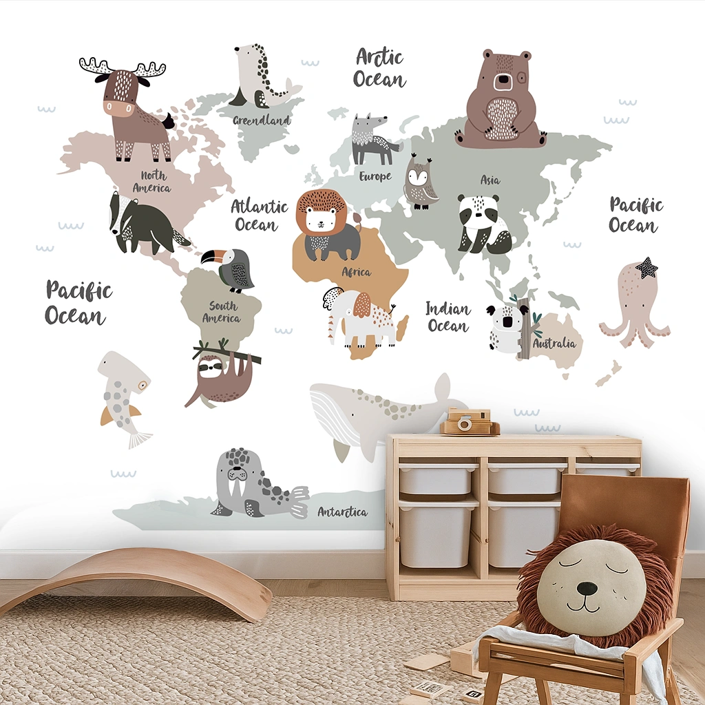 White Map Canvas World Map With Animals Wallpaper ( inches width) : WP-26373-B