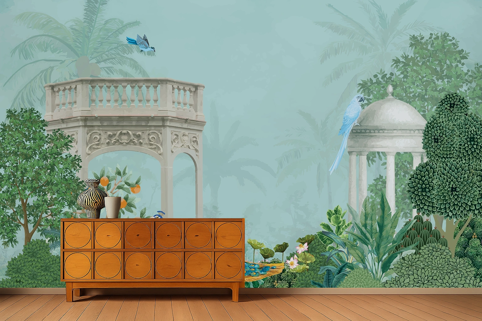 Green Canvas Haldi Ceremony Leaf Tapestry Wallpaper ( inches width) : WP-26396-B