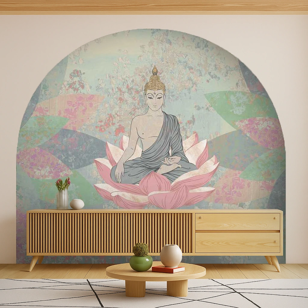 Multi Colour Canvas Buddha At Meditation On Lotus Wallpaper ( inches width) : WP-26321-B
