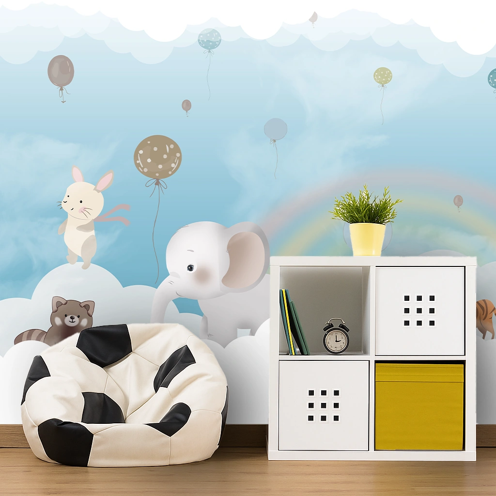 Blue Wildlife Canvas Animals Sitting On Clouds Wallpaper ( inches width) : WP-26456-B