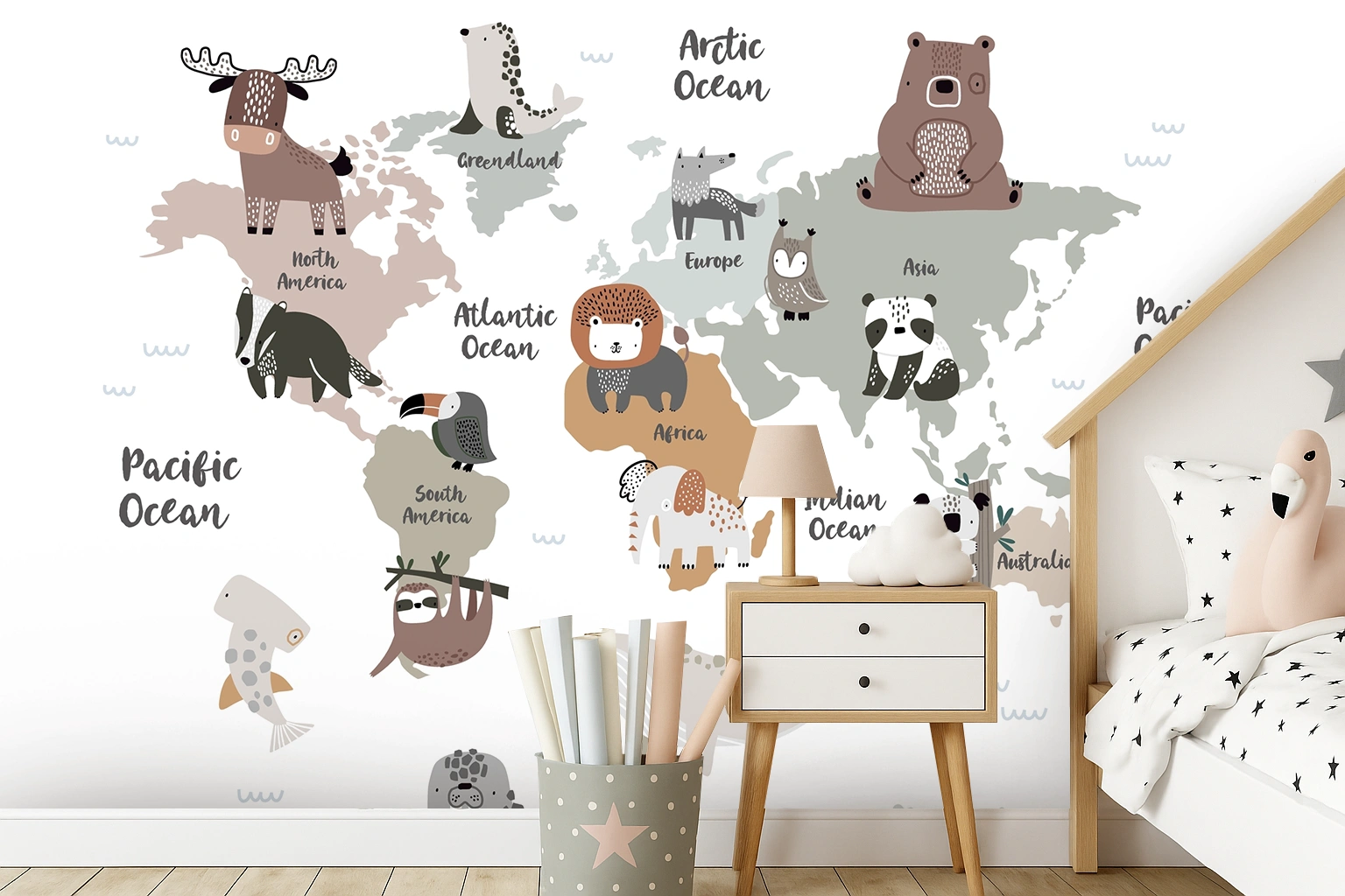 White Map Non Woven World Map With Animals Wallpaper ( inches width) : WP-26373-C