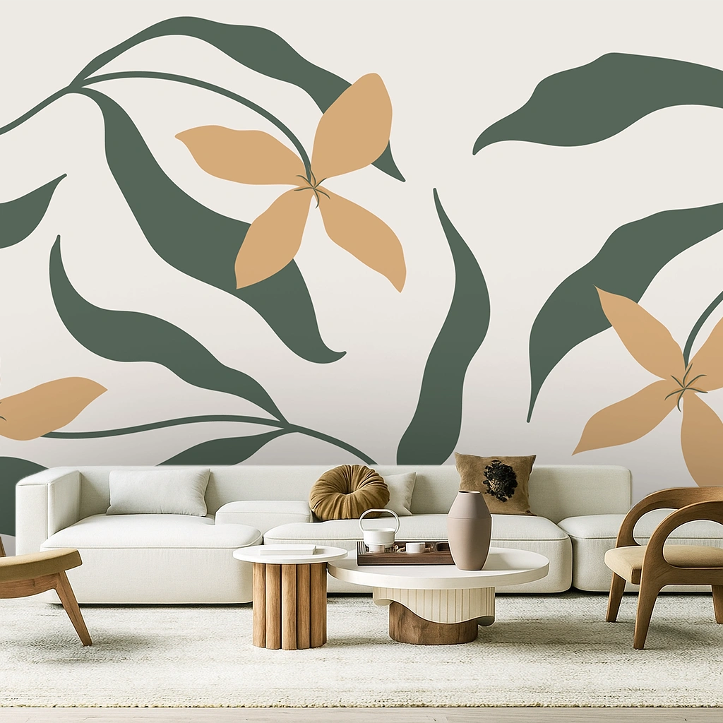 Beige Flower Non Woven Watercolor Leaf Wallpaper ( inches width) : WP-26376-C