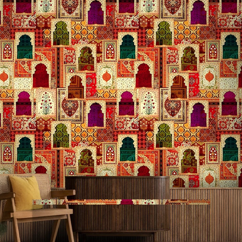 Multi Colour Non Woven Temple Arch Floral Brush Wallpaper ( inches width) : WP-26378-C