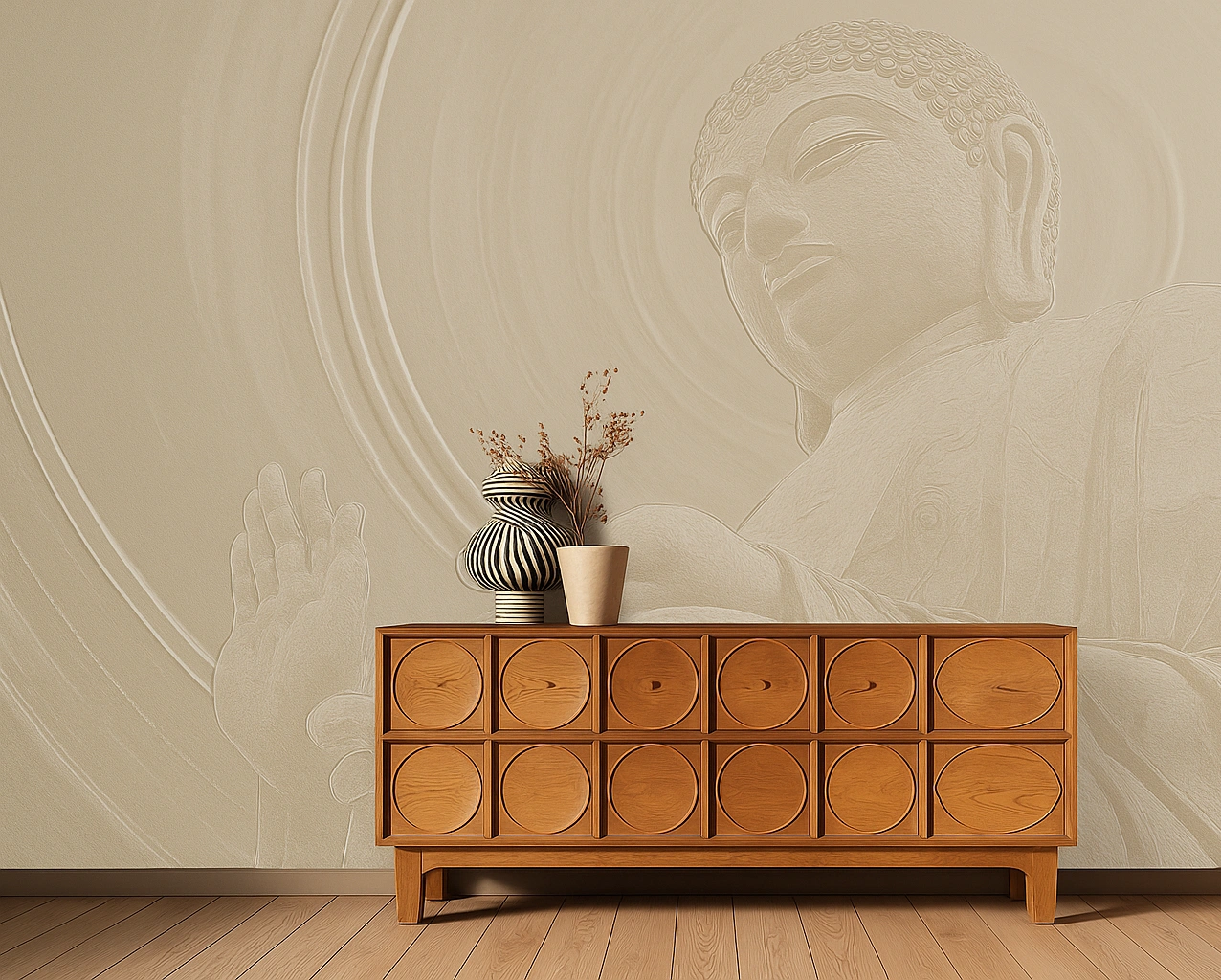 Beige Canvas Mystic Stone Buddha Wallpaper ( inches width) : WP-26514-B