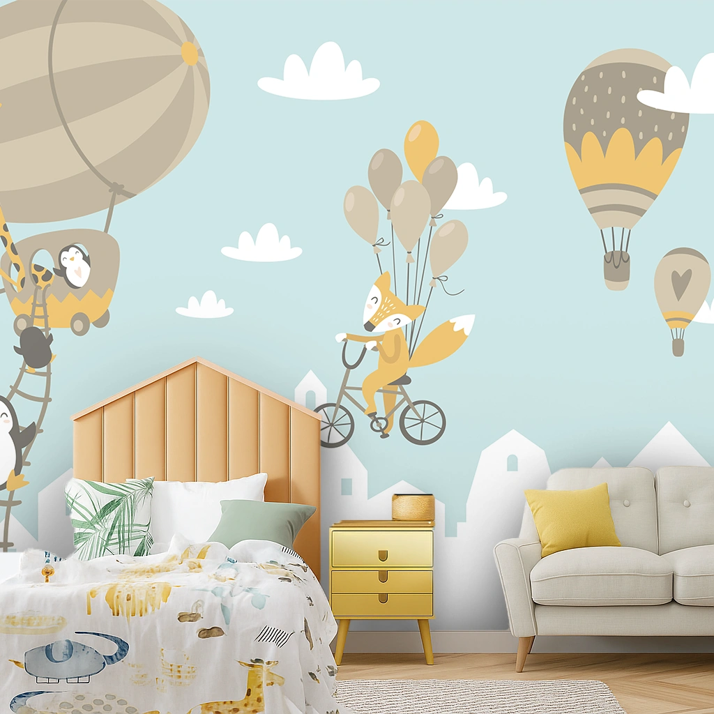 Blue Wildlife Canvas Animals Using Balloons To Fly Wallpaper ( inches width) : WP-26390-B