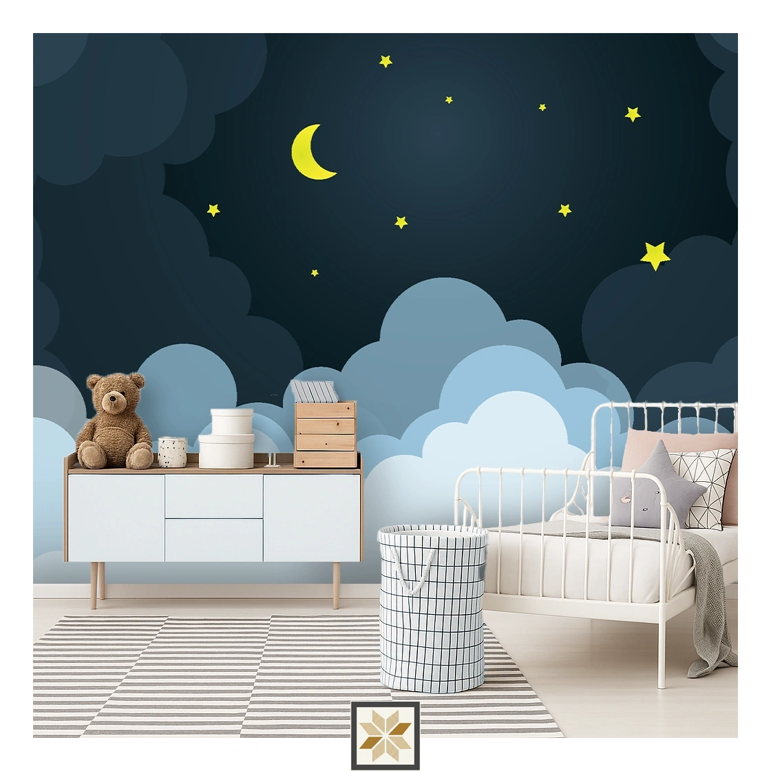 Grey Galaxy Non Woven Cartoon Moon And Clouds Wallpaper ( inches width) : WP-26393-C