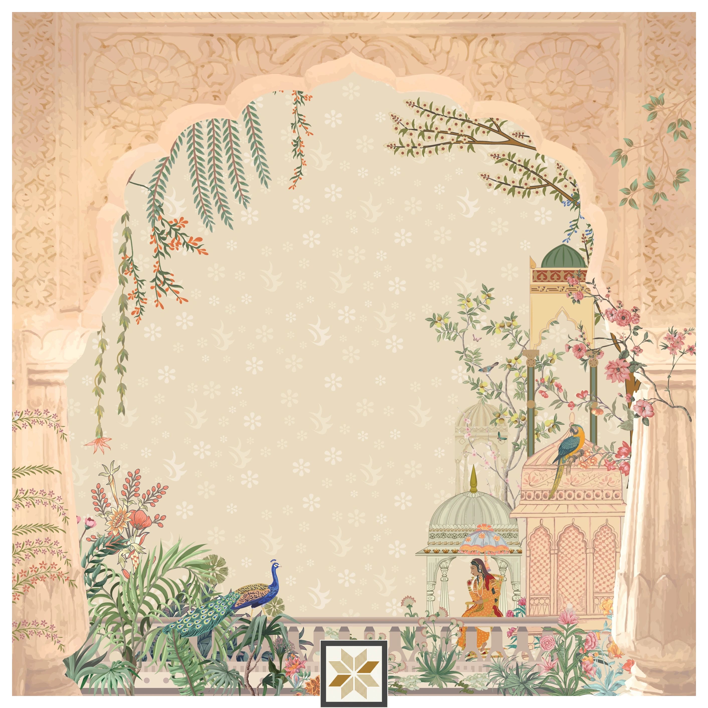 Beige Canvas Pastel Arch With Woman And Florals Wallpaper ( inches width) : WP-26448-B