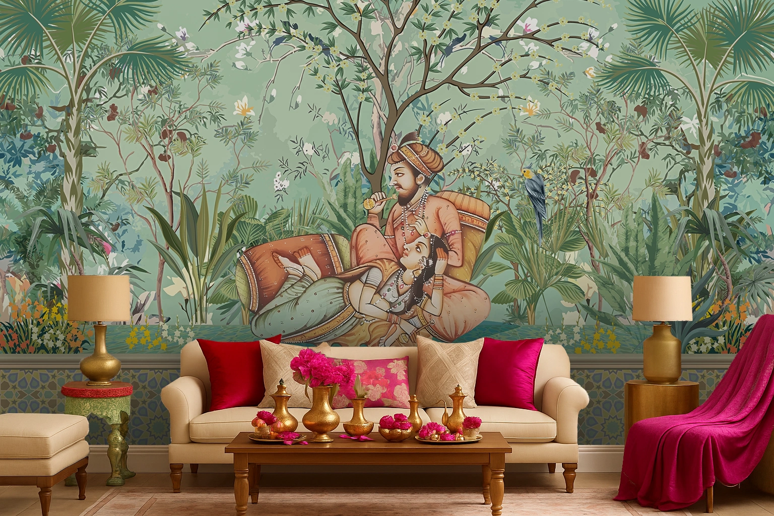 Green Non Woven Jaipuri Rose Block Print Wallpaper ( inches width) : WP-26468-C