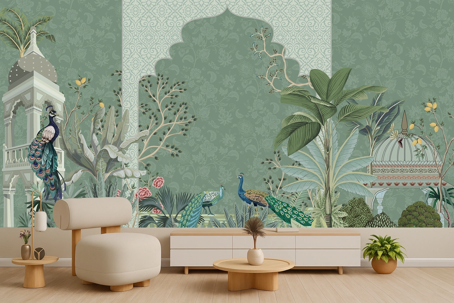 Green Canvas Royal Mughal Floral Motif Wallpaper ( inches width) : WP-26509-B