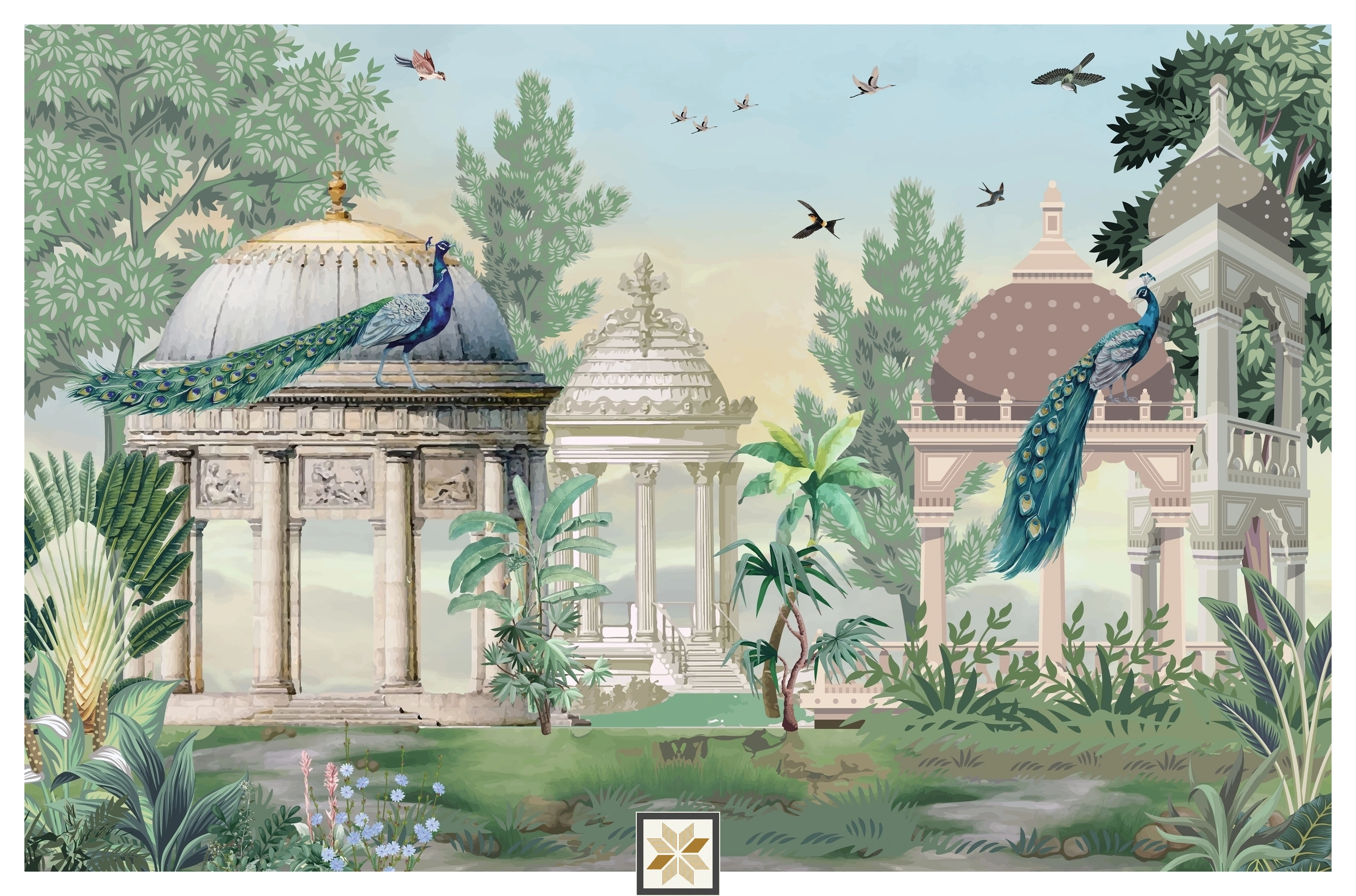 Green Non Woven Peepal Leaf Tapestry Wallpaper ( inches width) : WP-26489-C