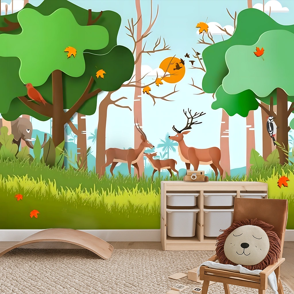 Green Nature Non Woven Topical Jungle Kids Room Wallpaper ( inches width) : WP-26494-C