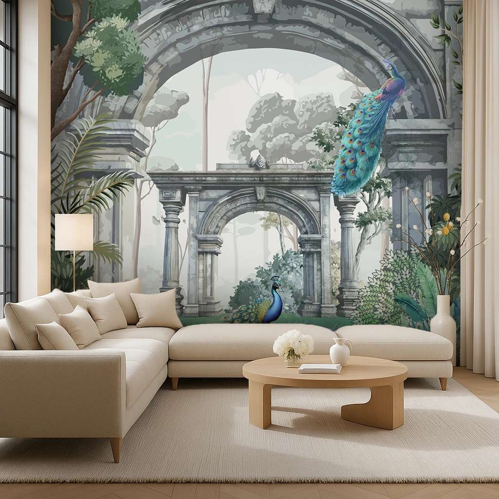 Grey Non Woven Dusky Peony Circle Art Wallpaper ( inches width) : WP-26548-C