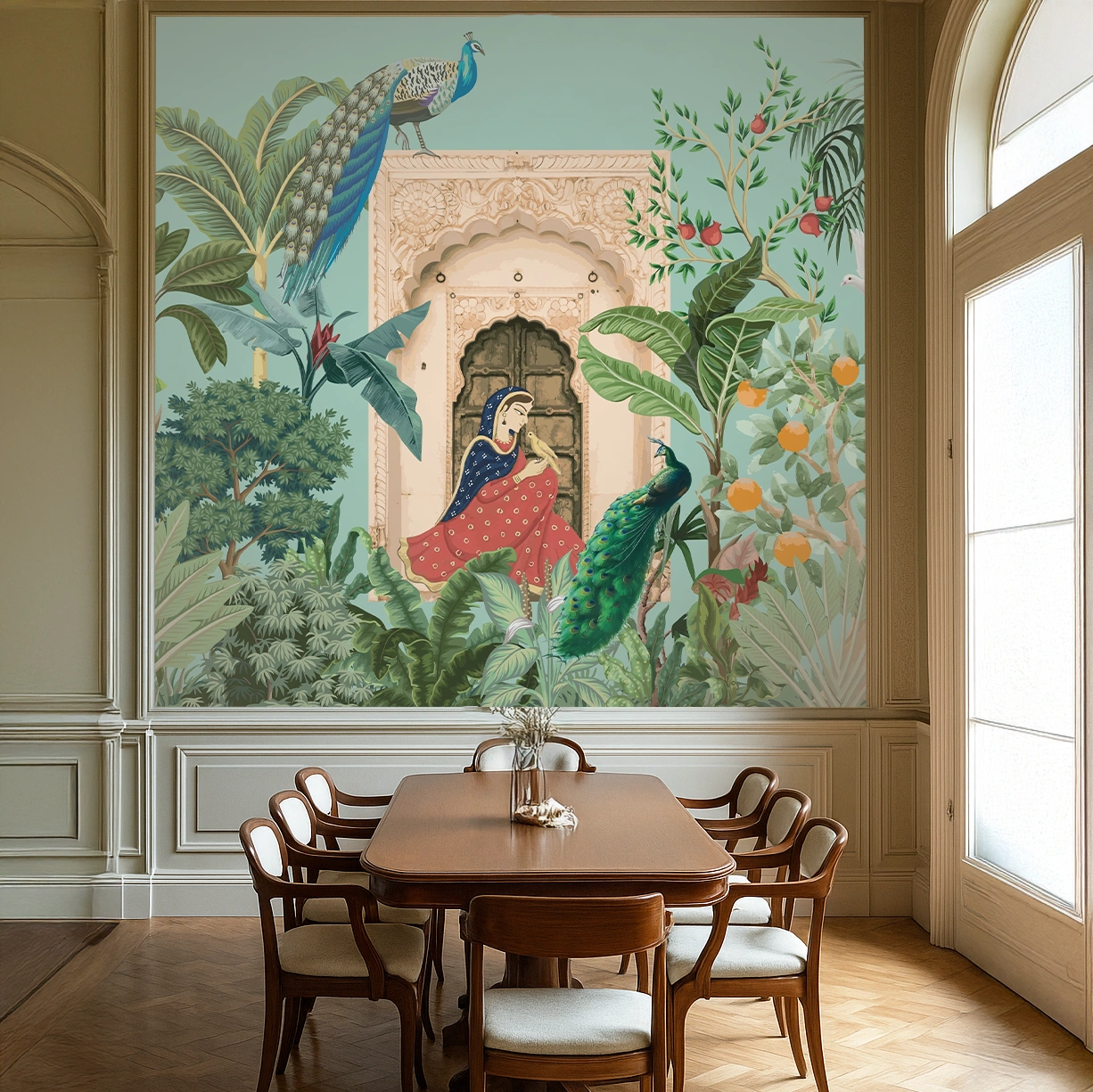 Green Non Woven Marigold Blossom Batik Design Wallpaper ( inches width) : WP-26504-C