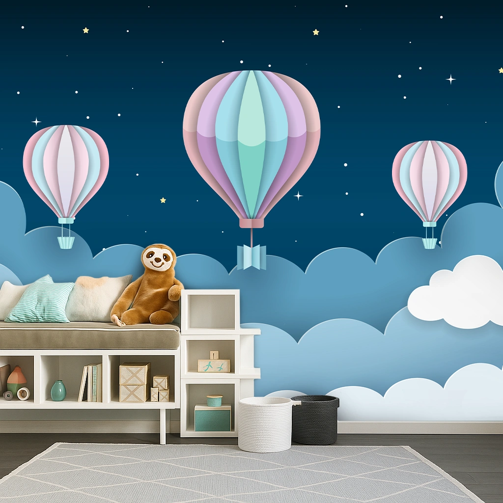 Blue Galaxy Non Woven Balloon Above Clouds Scene Wallpaper ( inches width) : WP-26566-C