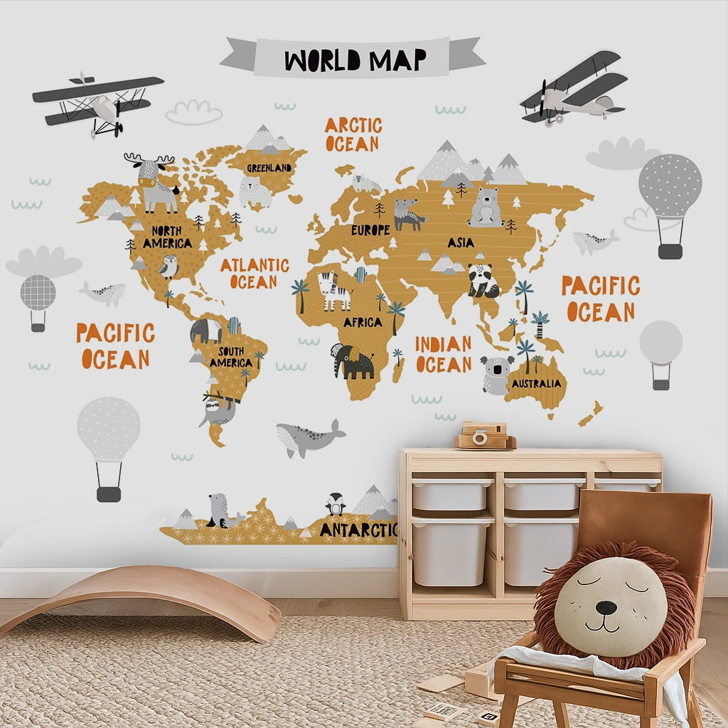 White Map Canvas World Map With Animals And Planes Wallpaper ( inches width) : WP-26517-B