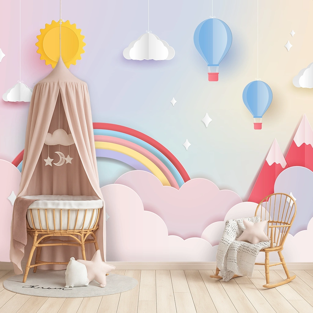 Multi Colour Shapes Non Woven Rainbow Over Mountain Tops Wallpaper ( inches width) : WP-26543-C