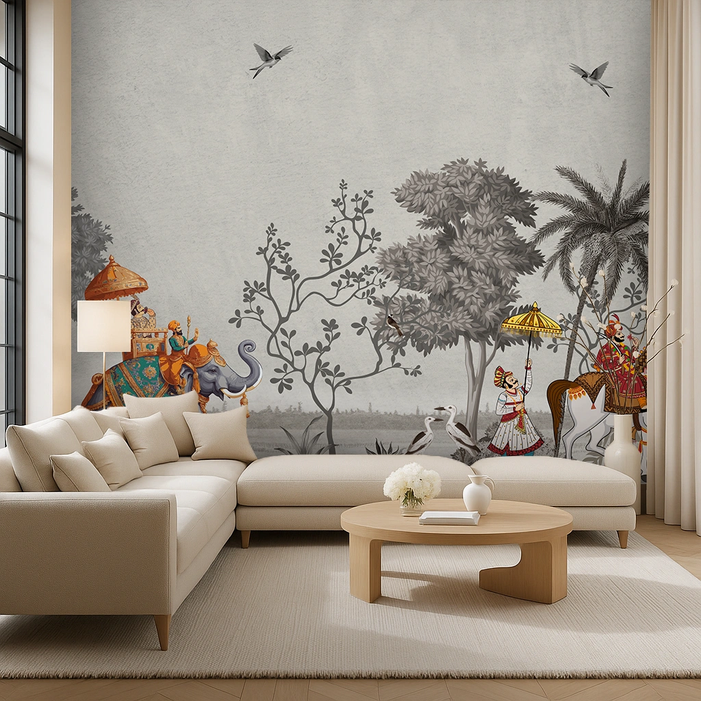 Grey Non Woven Patola Inspired Saffron Art Wallpaper ( inches width) : WP-26551-C