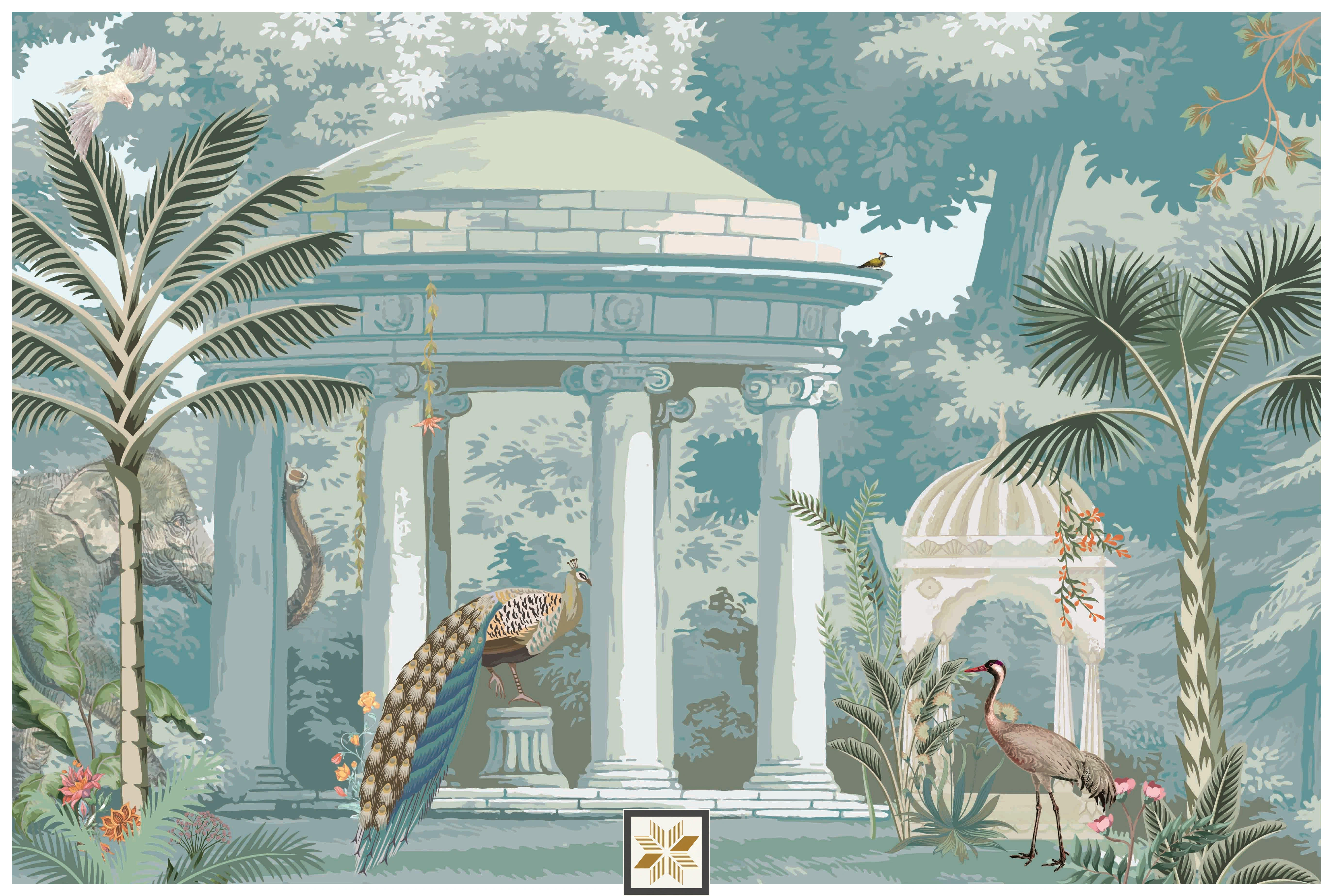 Blue Non Woven Garden With Peacocks Wallpaper ( inches width) : WP-26570-C