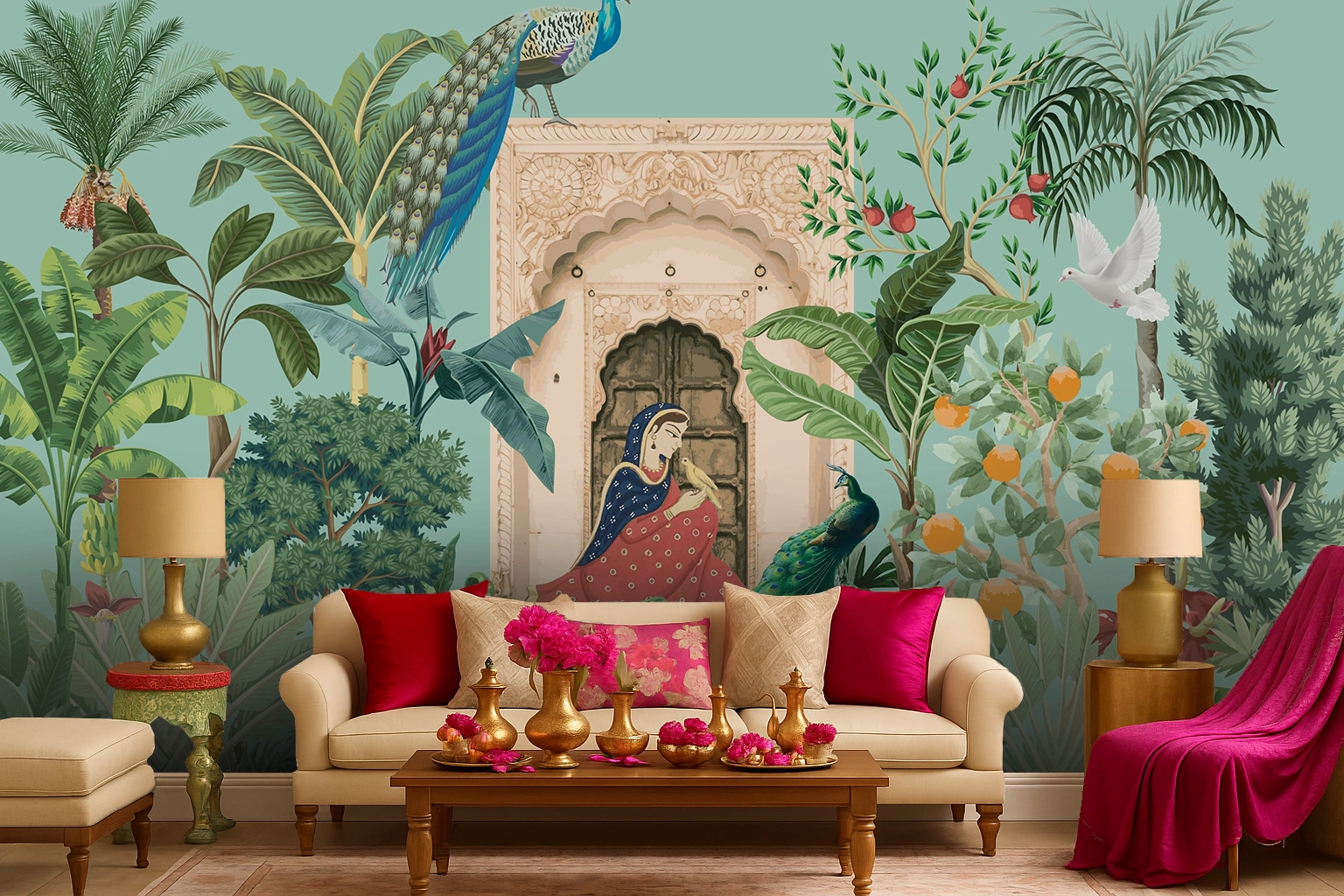 Green Canvas Marigold Blossom Batik Design Wallpaper ( inches width) : WP-26504-B