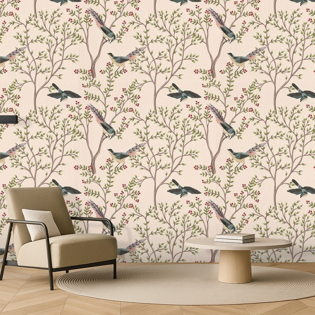 Beige Chinoiserie Canvas Blossom Oriental Mural Art Wallpaper ( inches width) : WP-26753-B