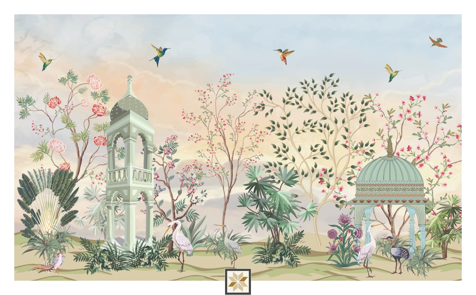 Green Chinoiserie Non Woven Orient Bloom Wallpaper ( inches width) : WP-26813-C