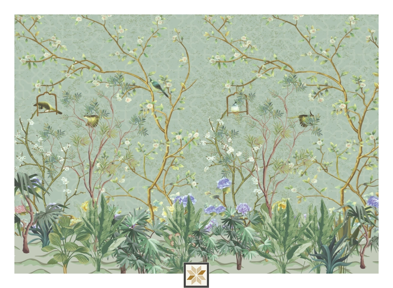 Green Chinoiserie Canvas Nature Art Wallpaper ( inches width) : WP-26854-B