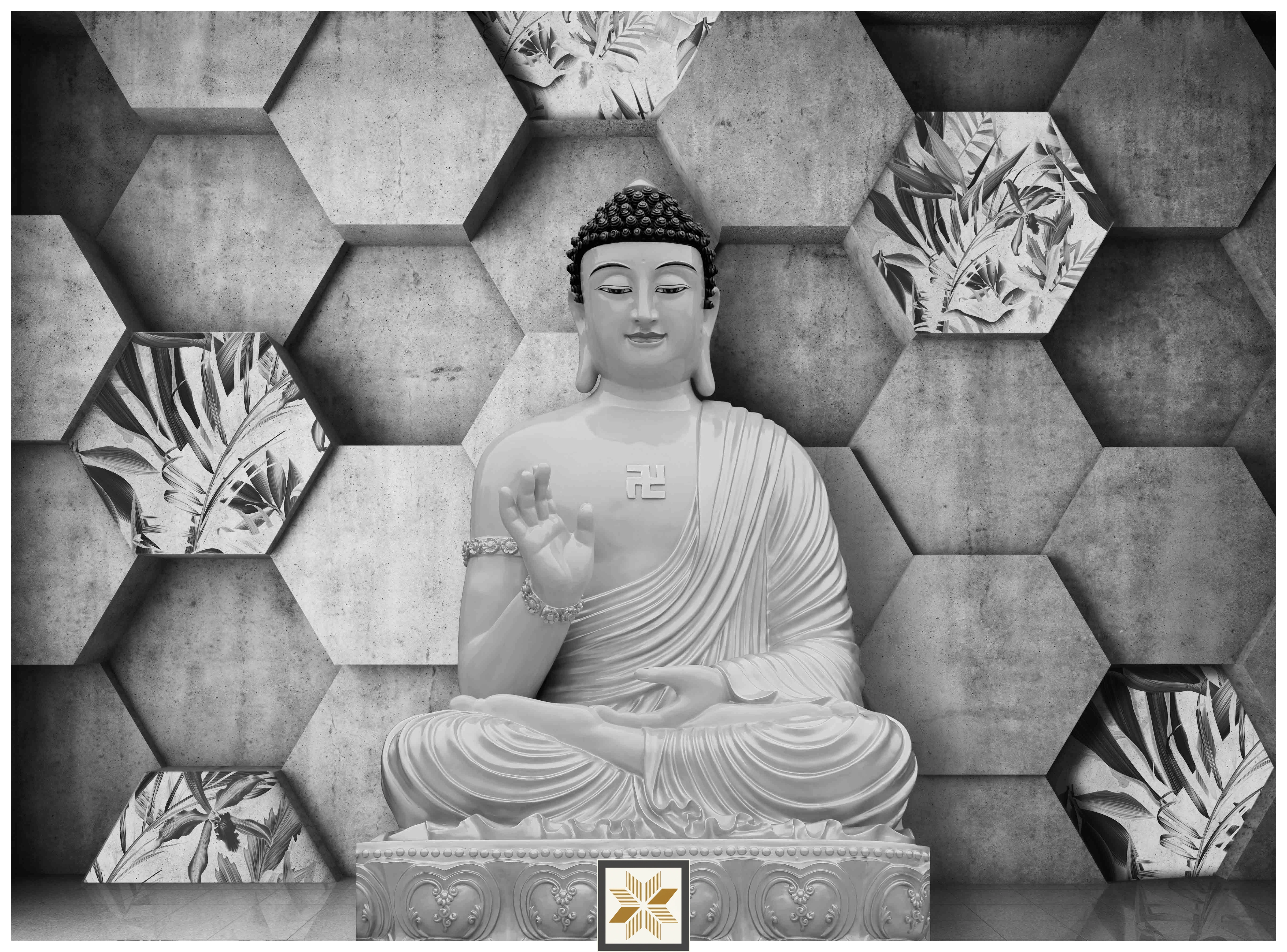 Silver Abstract Bhuddha Wallpaper (50 inches width) : WP-30944-D