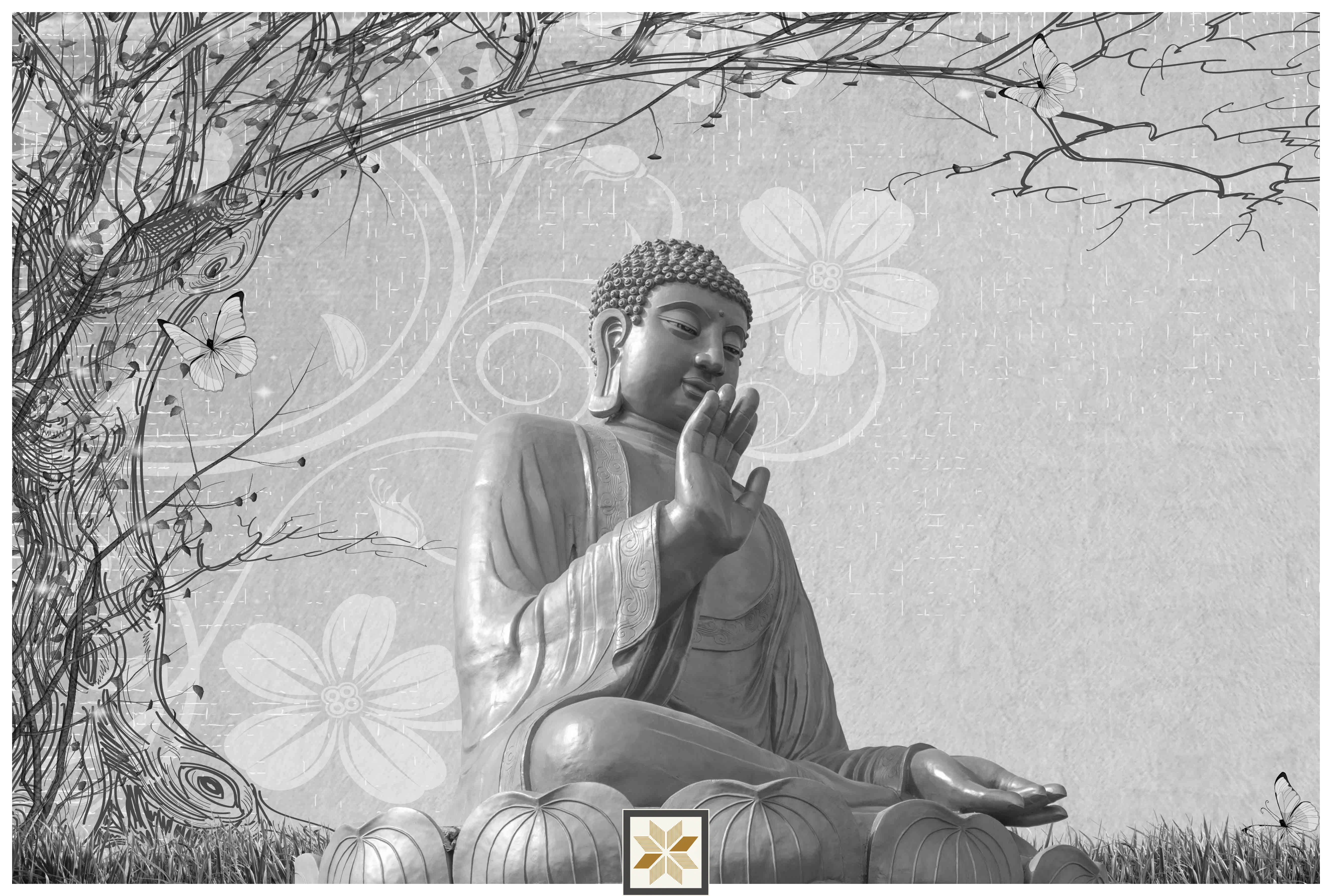 Silver Abstract Bhuddha Wallpaper (40 inches width) : WP-30583-E