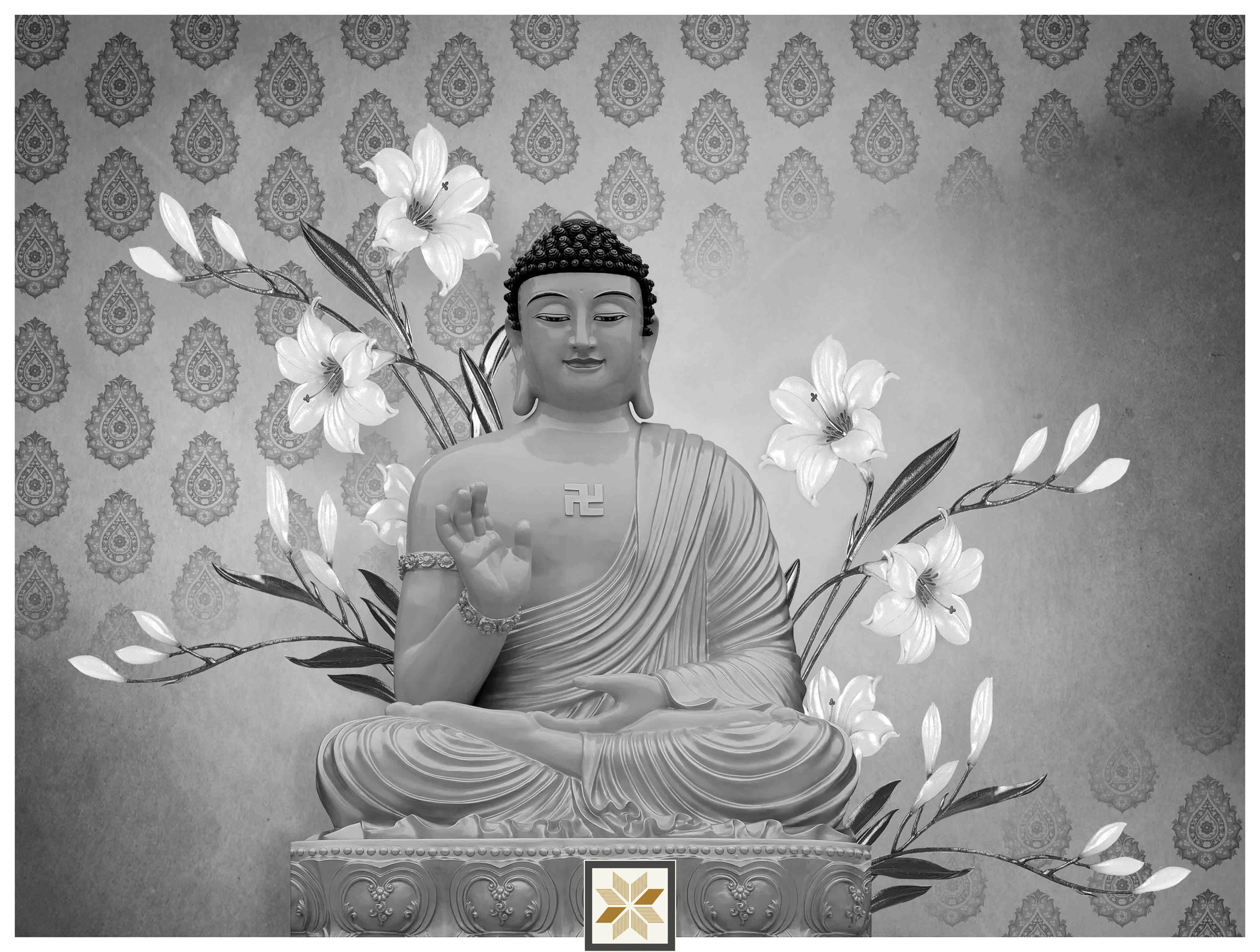 Silver Abstract Bhuddha Wallpaper (40 inches width) : WP-33165-E