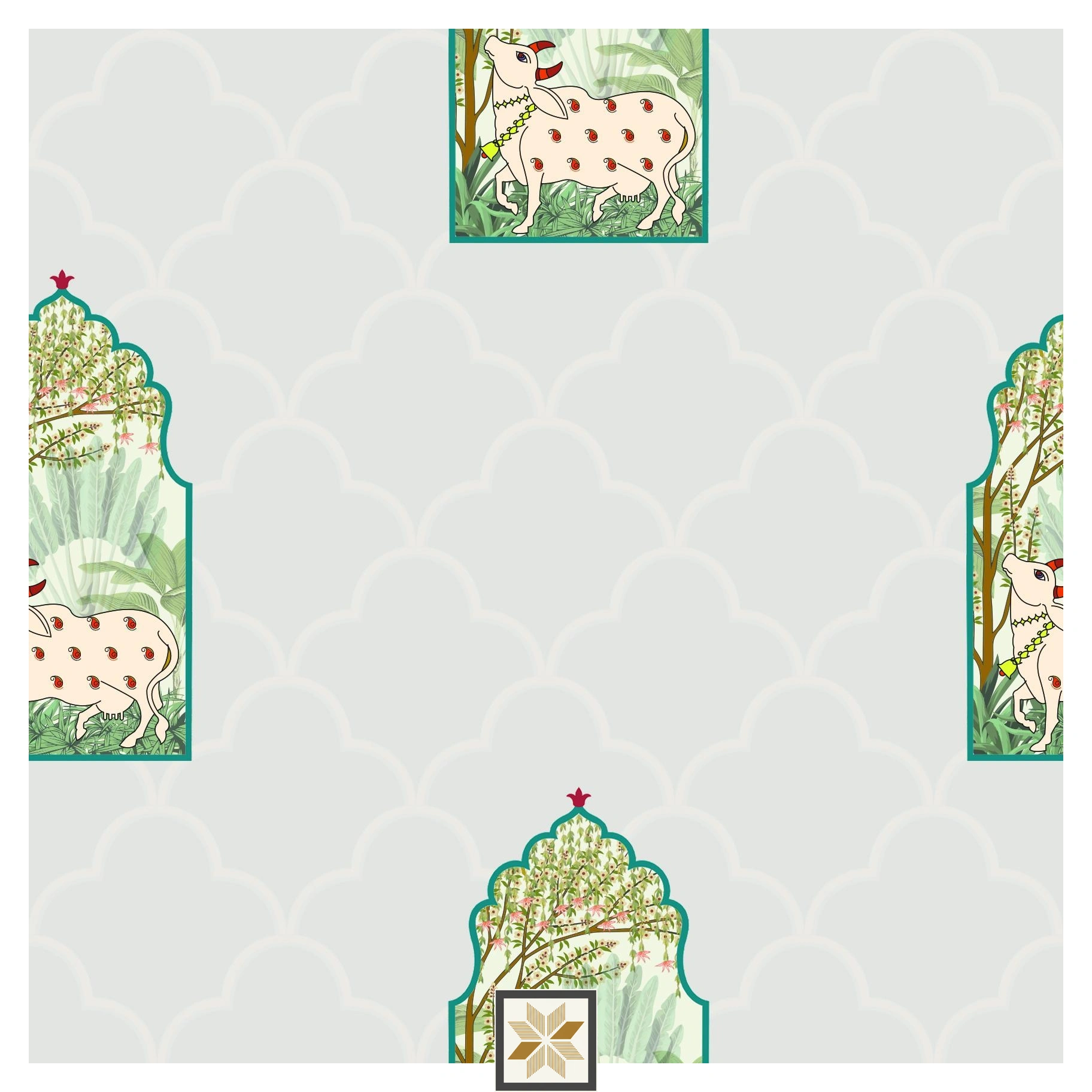 Multi Colour Wildlife Pichwai Wallpaper (52 inches width) : WP-30661-C