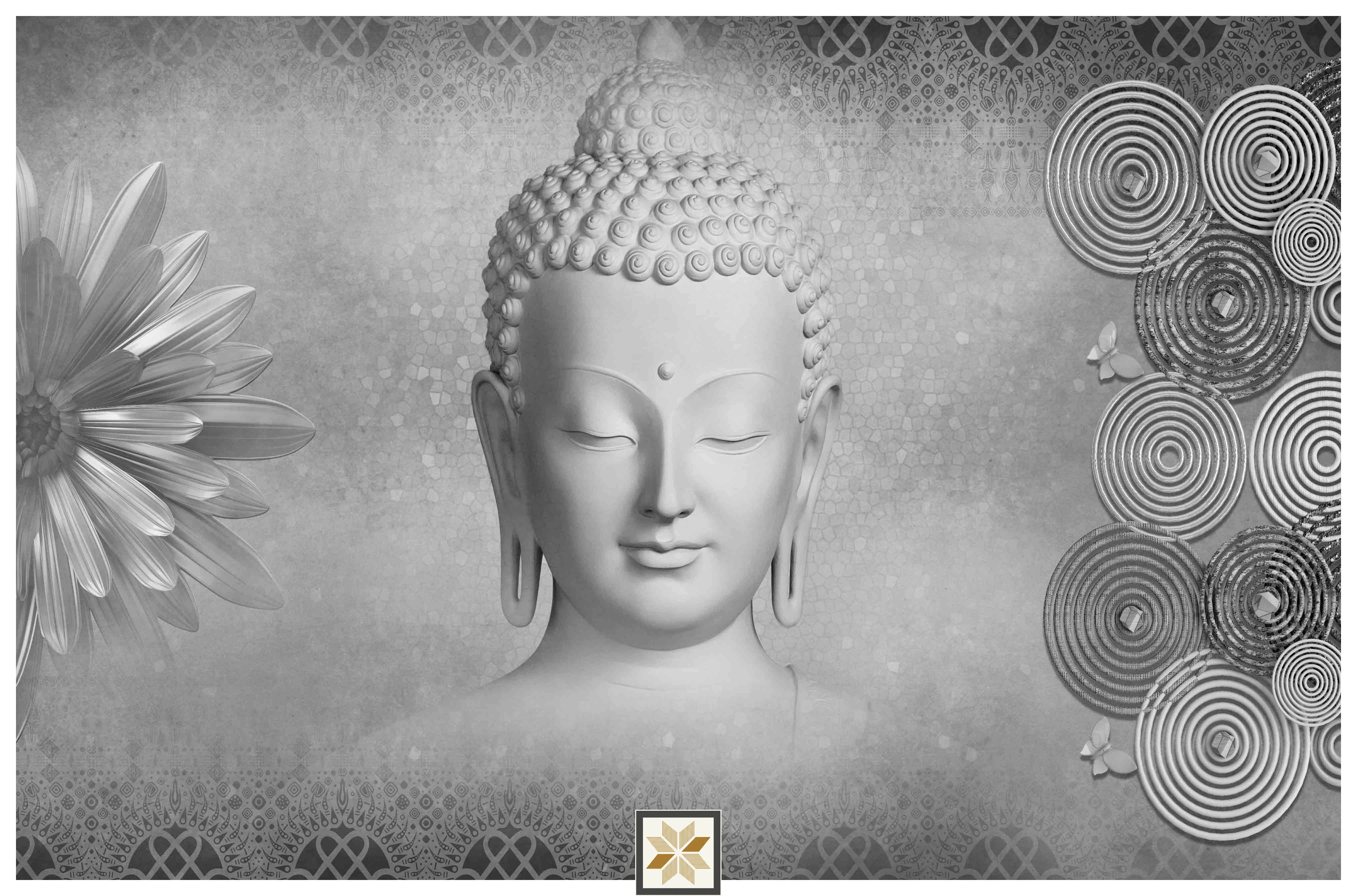 Silver Abstract Bhuddha Wallpaper (50 inches width) : WP-33258-D