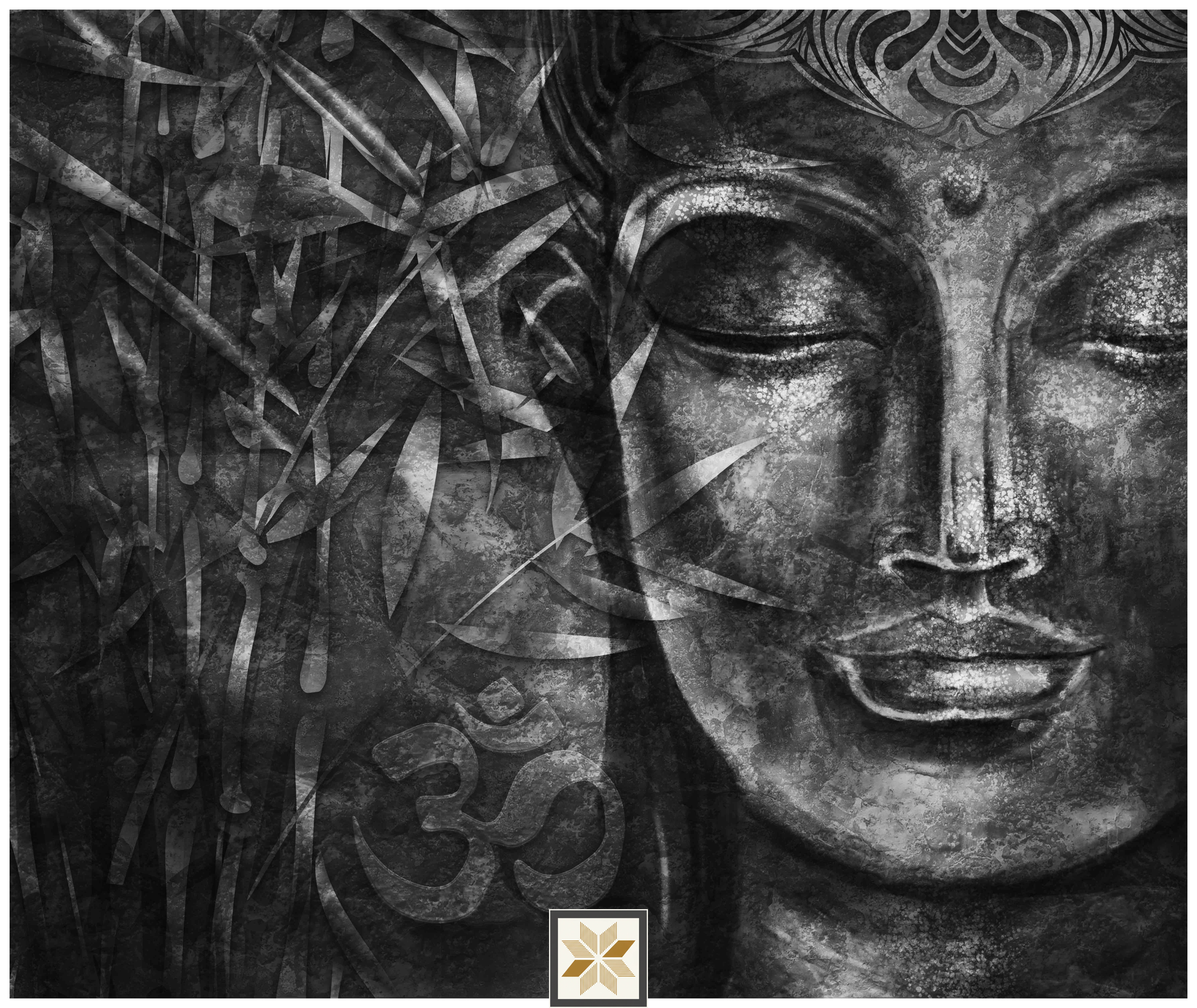 Silver Abstract Bhuddha Wallpaper (50 inches width) : WP-31031-D